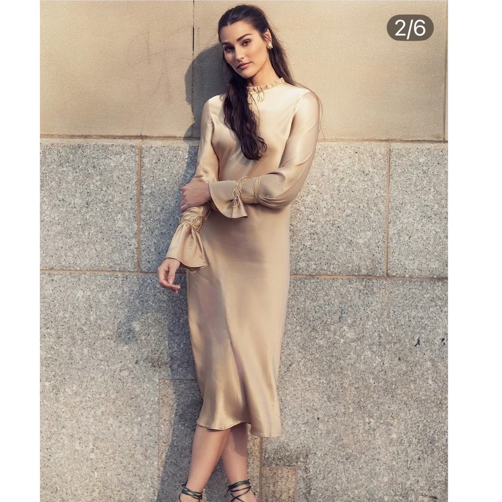 Avanel Couture Tan Satin Midi Dress Ruffle Neck Lace Up Bell Sleeve Small